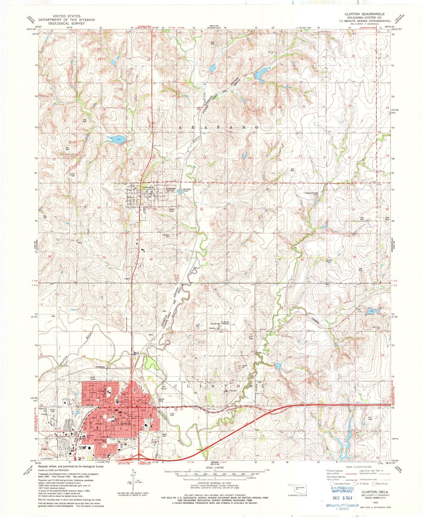 Classic USGS Clinton Oklahoma 7.5'x7.5' Topo Map Image