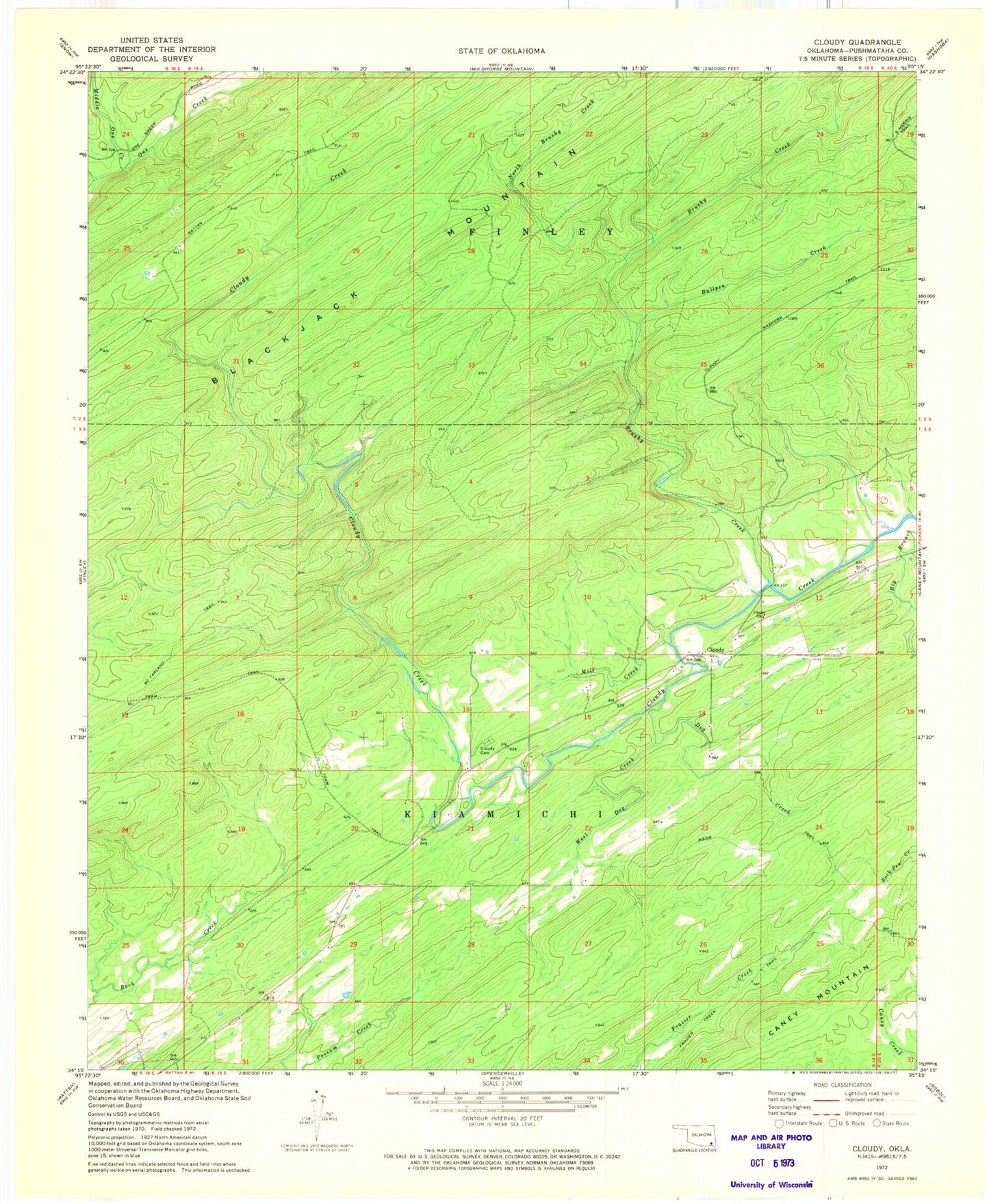 Classic USGS Cloudy Oklahoma 7.5'x7.5' Topo Map Image