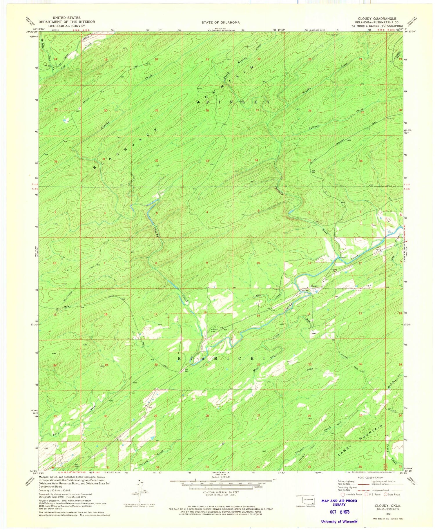 Classic USGS Cloudy Oklahoma 7.5'x7.5' Topo Map Image