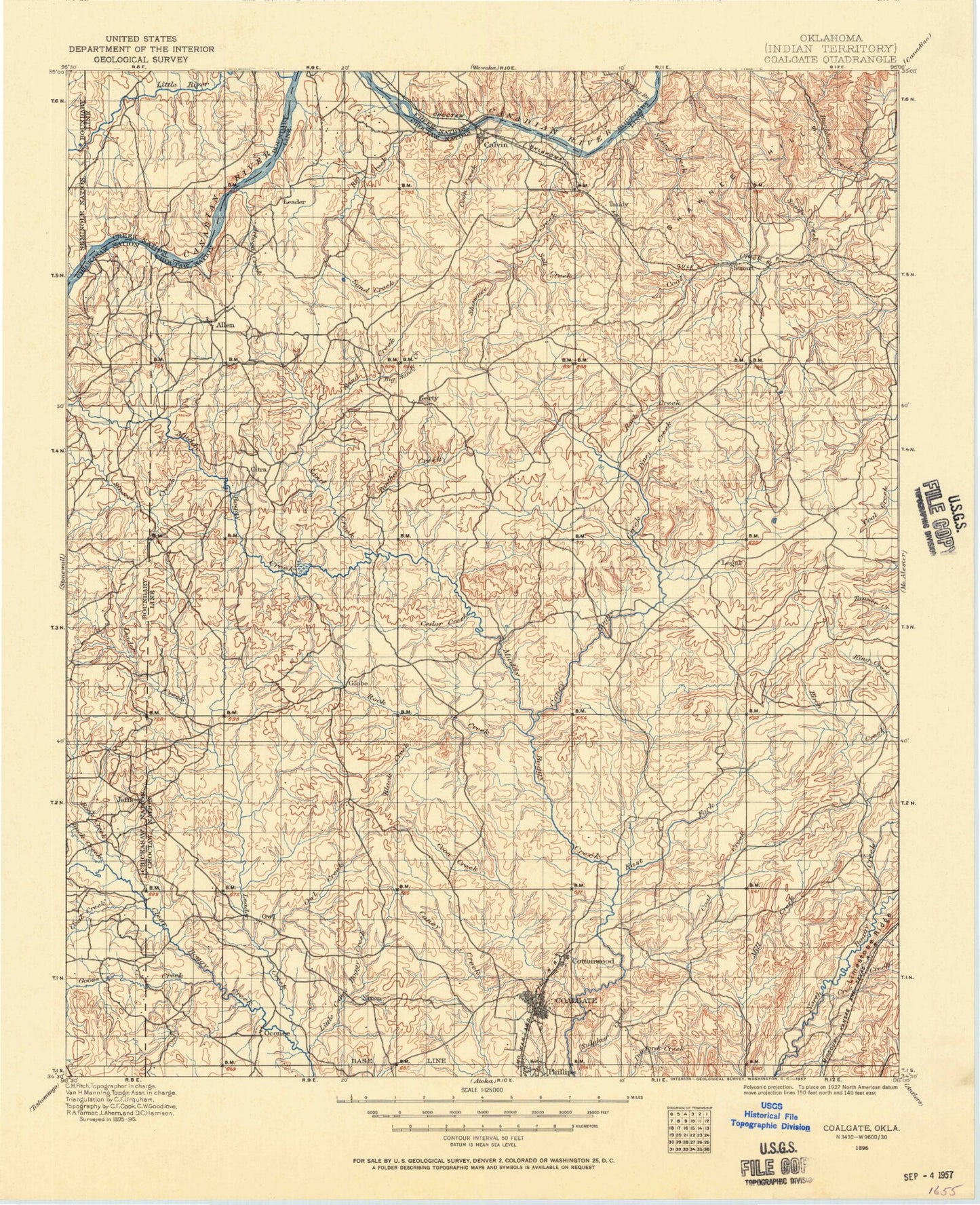 Historic 1896 Coalgate Oklahoma 30'x30' Topo Map Image