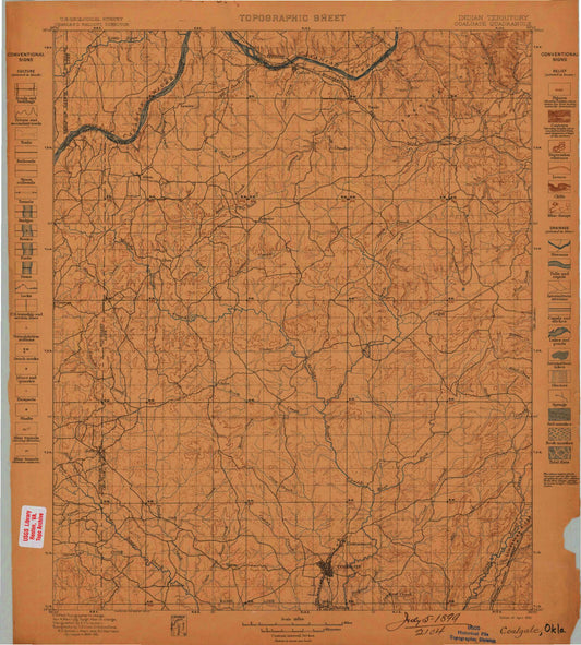 Historic 1899 Coalgate Oklahoma 30'x30' Topo Map Image