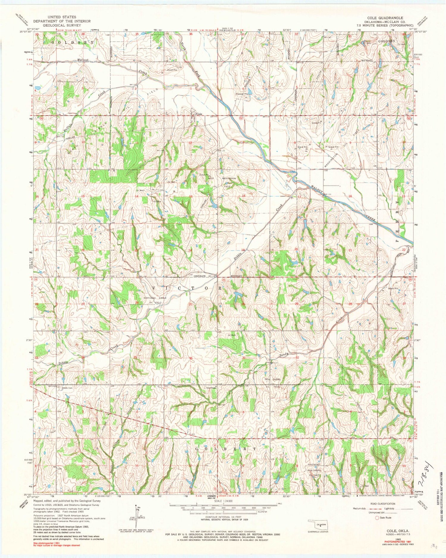 Classic USGS Cole Oklahoma 7.5'x7.5' Topo Map Image