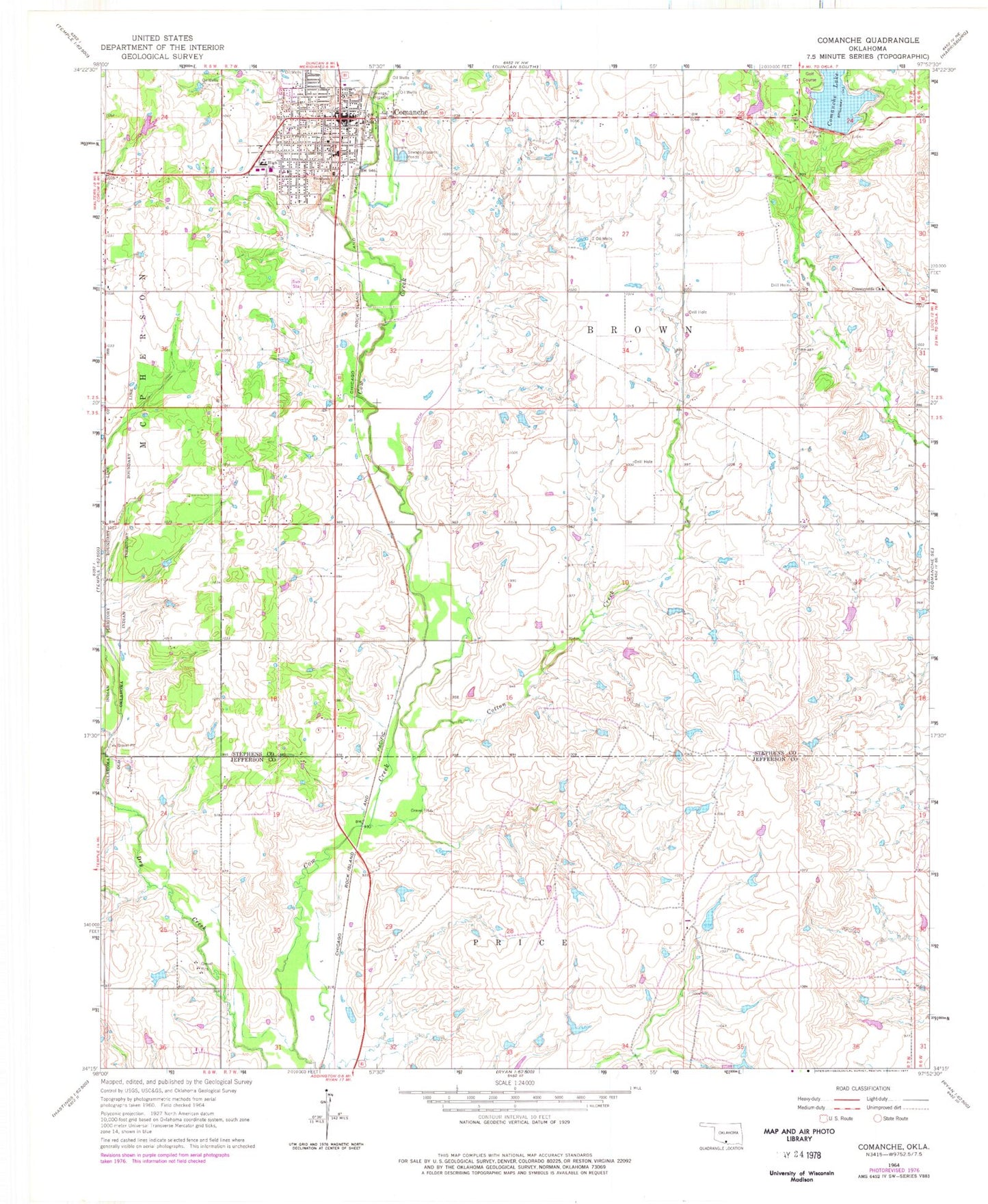 Classic USGS Comanche Oklahoma 7.5'x7.5' Topo Map Image
