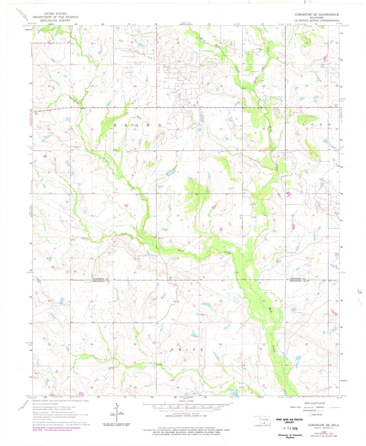 Classic USGS Comanche SE Oklahoma 7.5'x7.5' Topo Map Image
