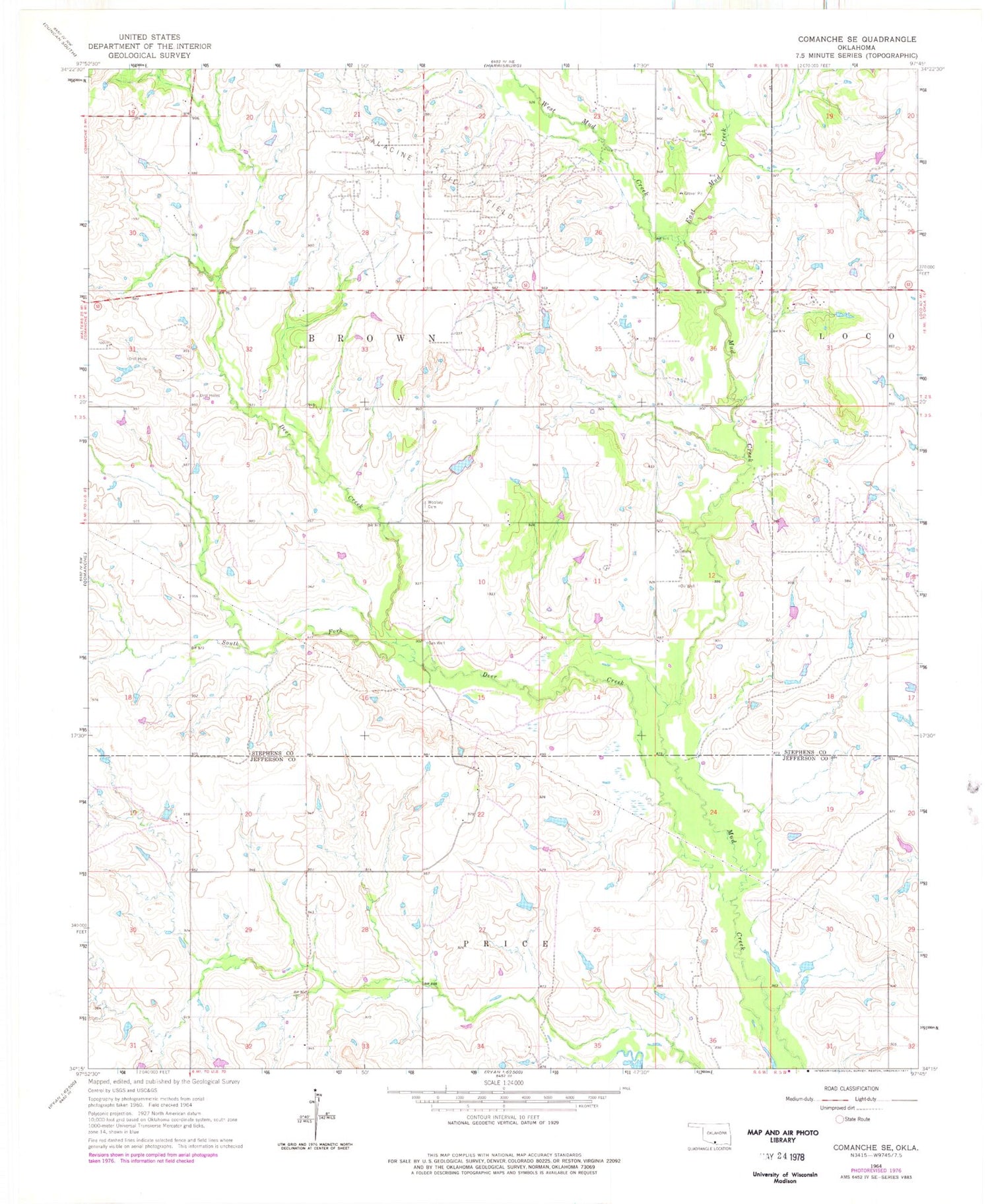 Classic USGS Comanche SE Oklahoma 7.5'x7.5' Topo Map Image