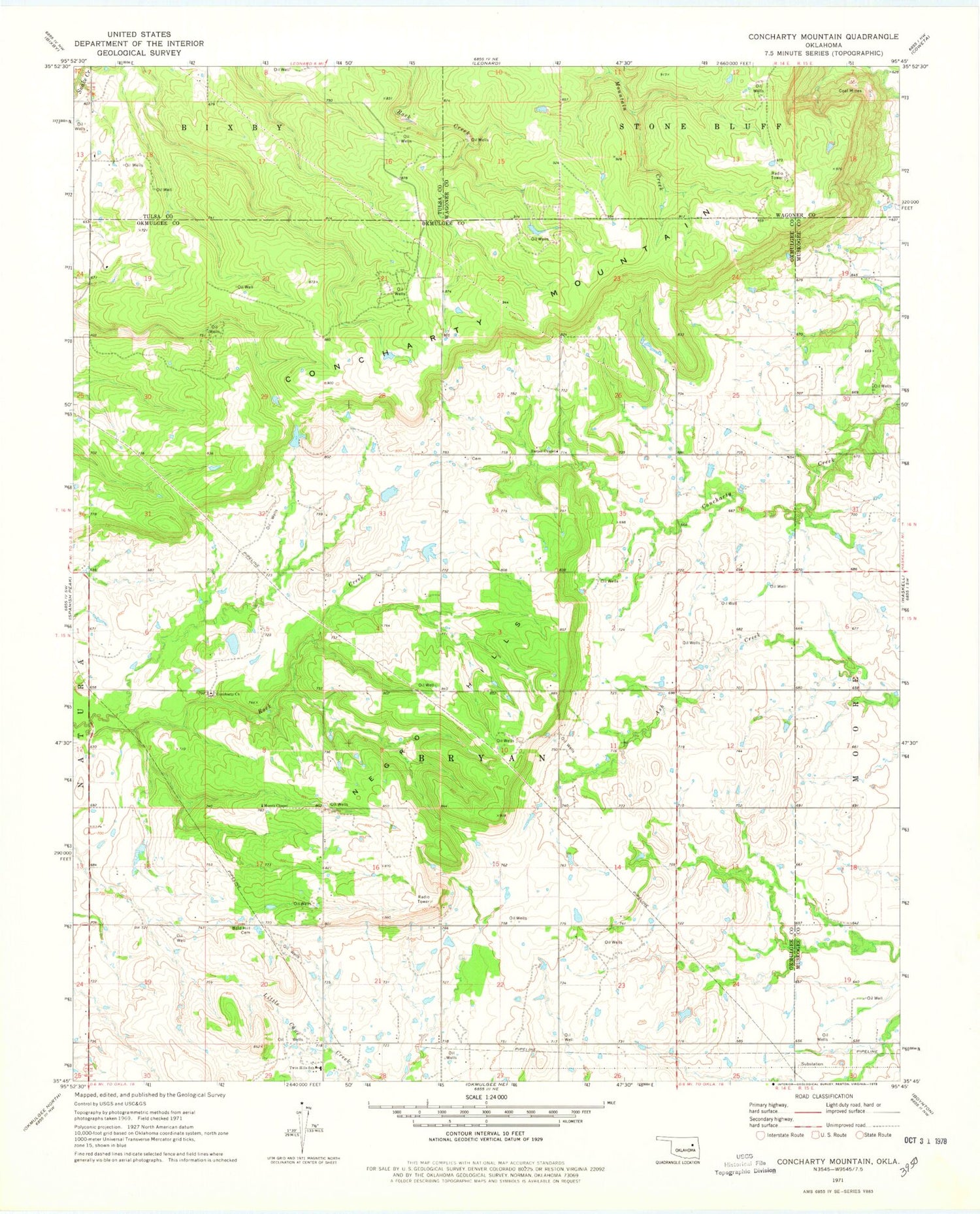 Classic USGS Concharty Mountain Oklahoma 7.5'x7.5' Topo Map Image