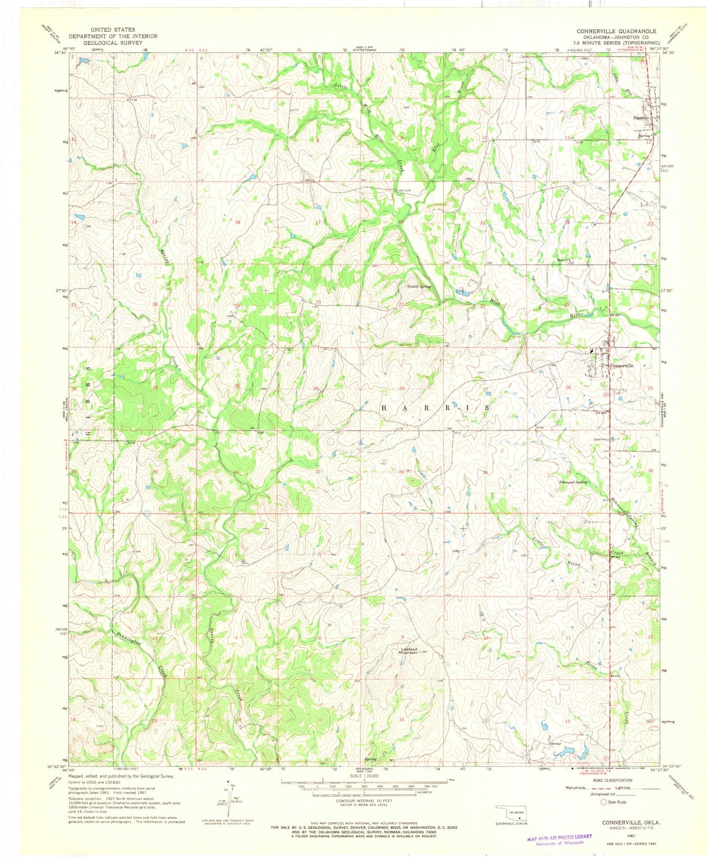 Classic USGS Connerville Oklahoma 7.5'x7.5' Topo Map Image