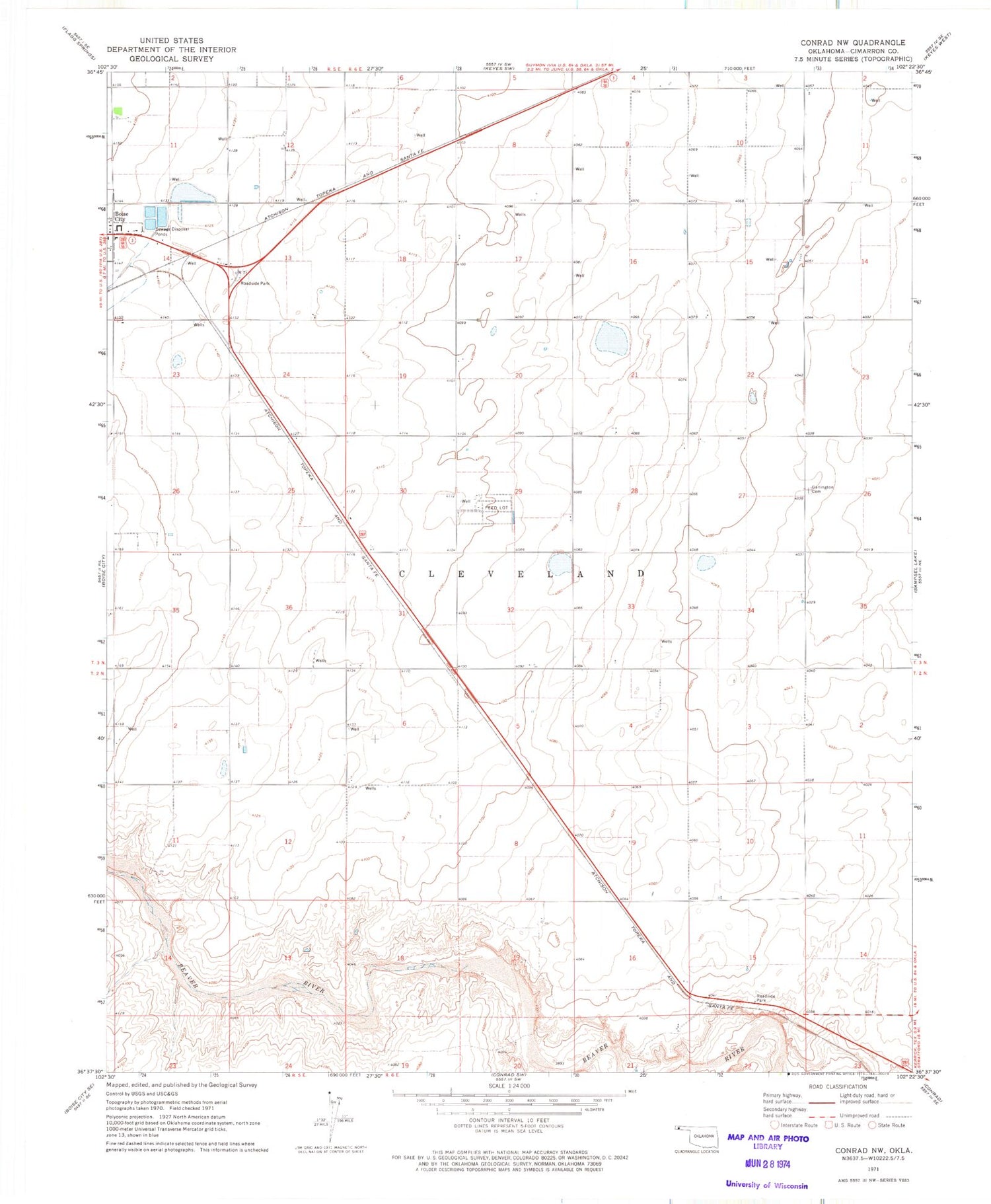 Classic USGS Conrad NW Oklahoma 7.5'x7.5' Topo Map Image