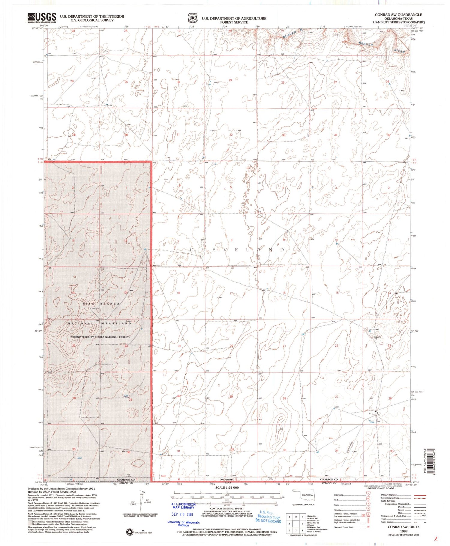 Classic USGS Conrad SW Oklahoma 7.5'x7.5' Topo Map Image