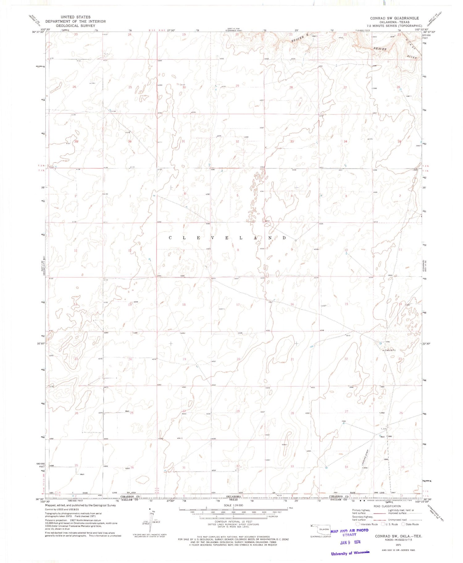 Classic USGS Conrad SW Oklahoma 7.5'x7.5' Topo Map Image