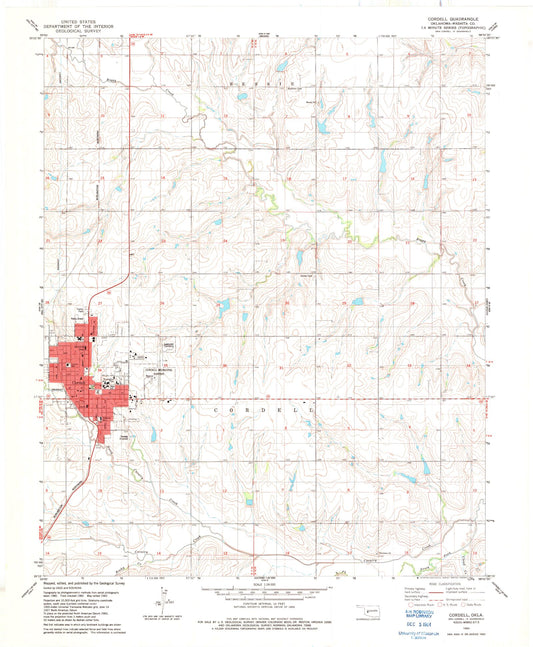 Classic USGS Cordell Oklahoma 7.5'x7.5' Topo Map Image