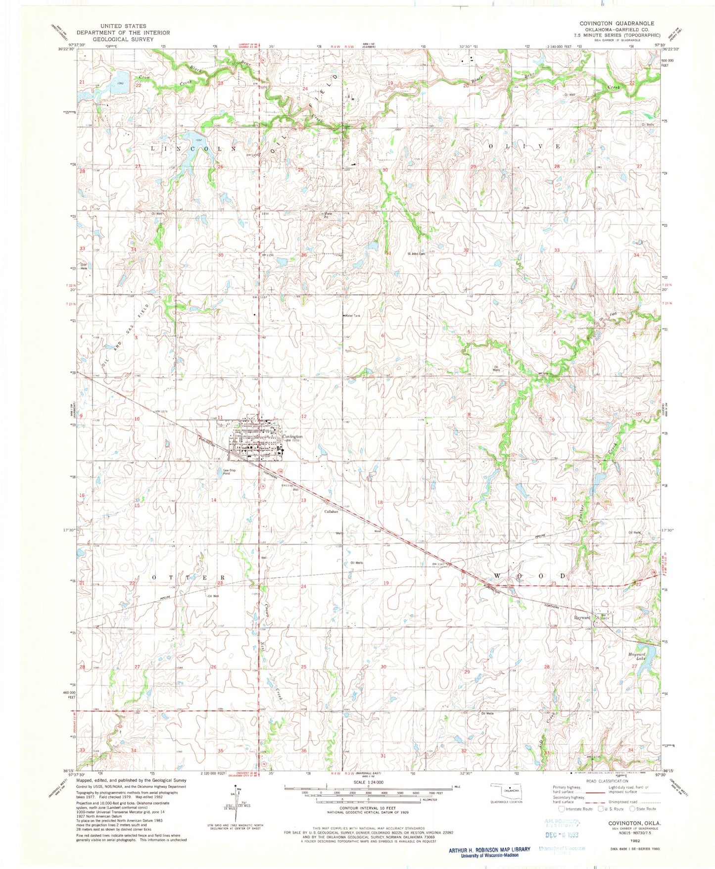 Classic USGS Covington Oklahoma 7.5'x7.5' Topo Map Image