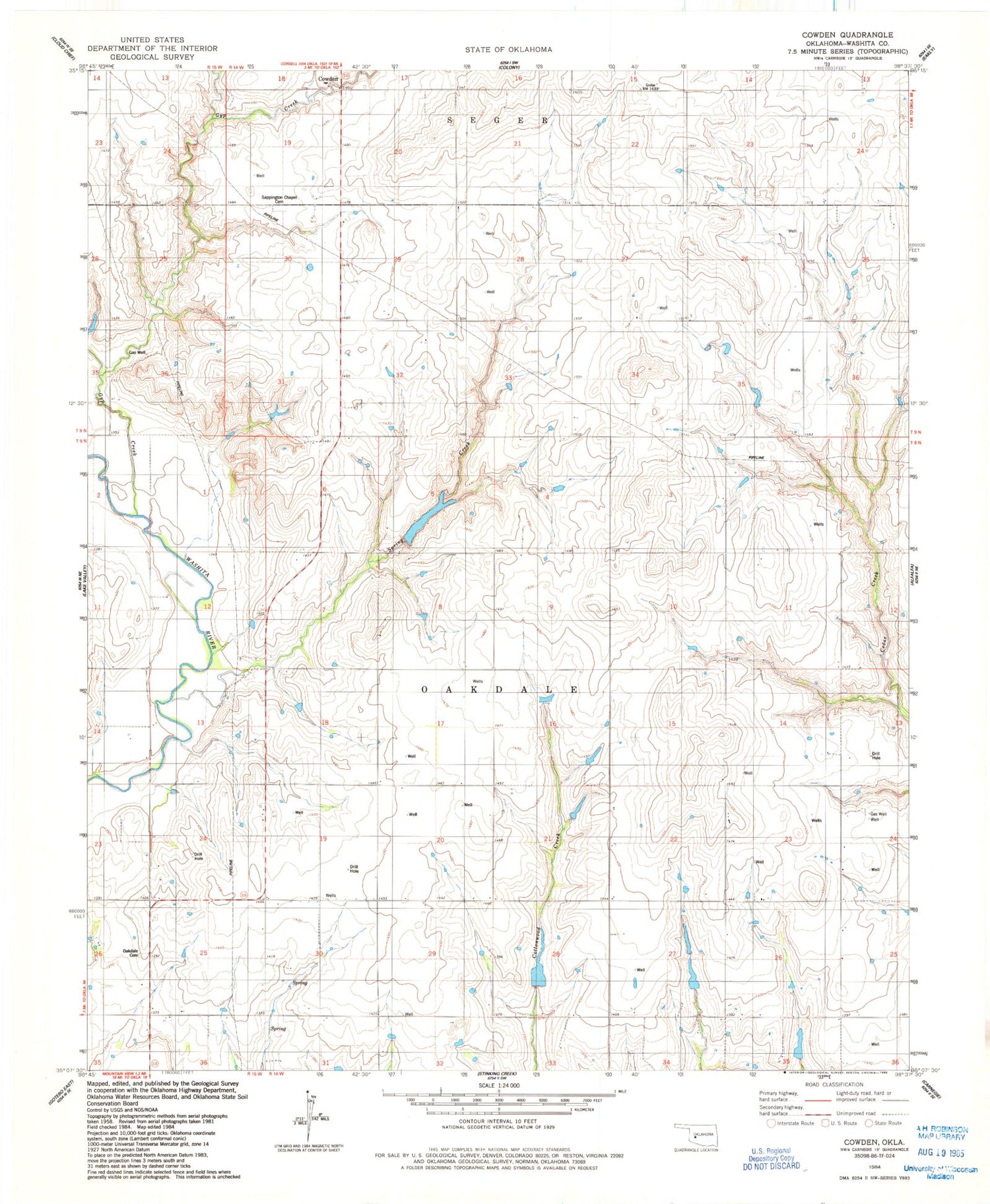 Classic USGS Cowden Oklahoma 7.5'x7.5' Topo Map Image