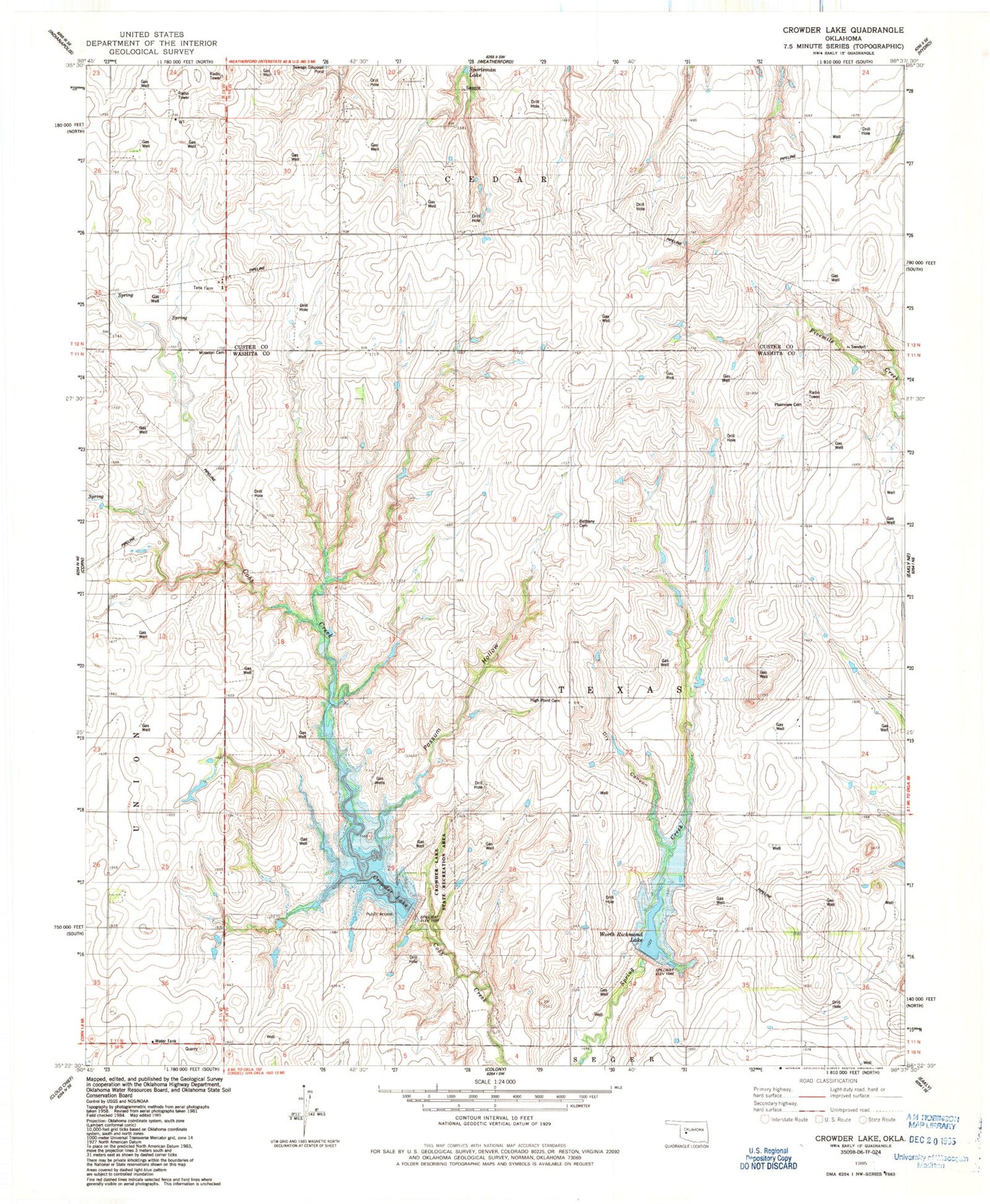 Classic USGS Crowder Lake Oklahoma 7.5'x7.5' Topo Map Image