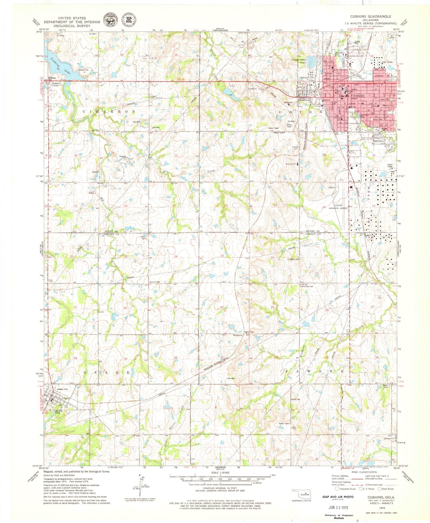 Classic USGS Cushing Oklahoma 7.5'x7.5' Topo Map Image
