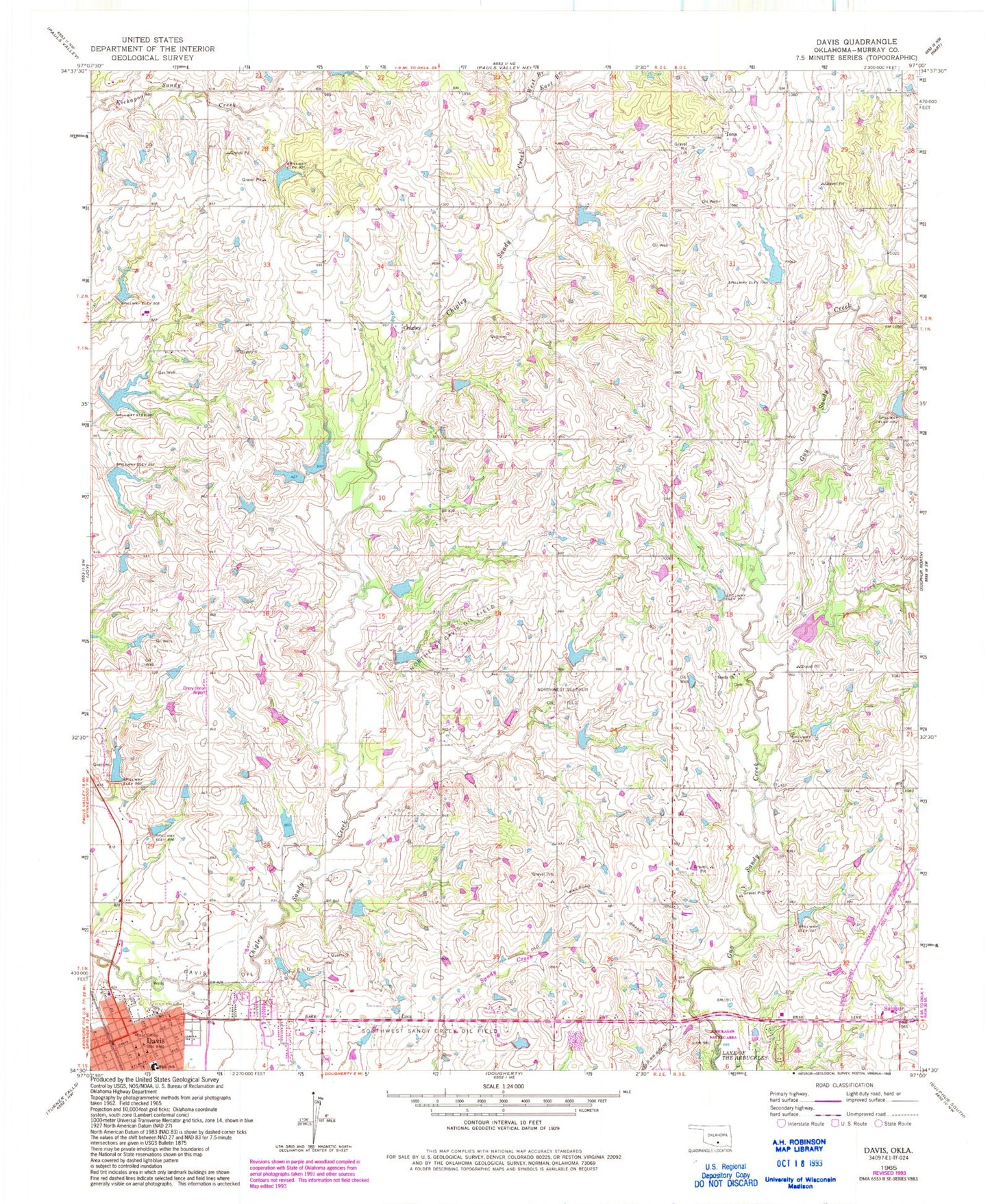 Classic USGS Davis Oklahoma 7.5'x7.5' Topo Map Image