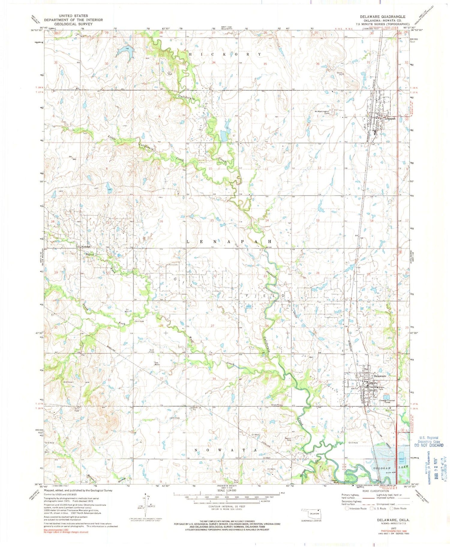 Classic USGS Delaware Oklahoma 7.5'x7.5' Topo Map Image