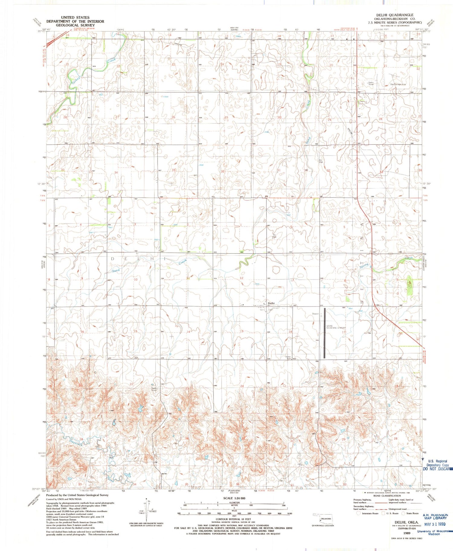 Classic USGS Delhi Oklahoma 7.5'x7.5' Topo Map Image