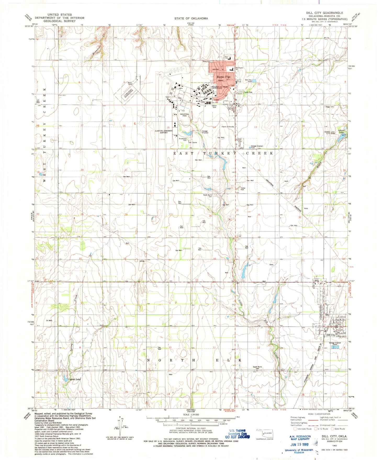 Classic USGS Dill City Oklahoma 7.5'x7.5' Topo Map Image