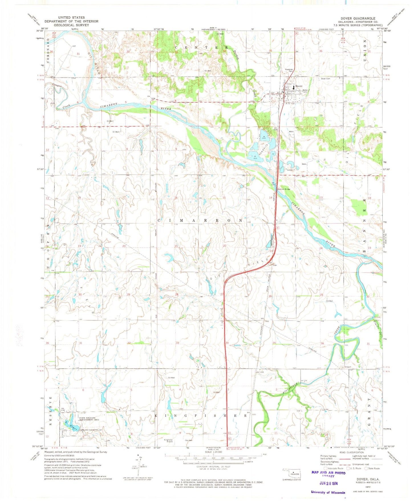 Classic USGS Dover Oklahoma 7.5'x7.5' Topo Map Image