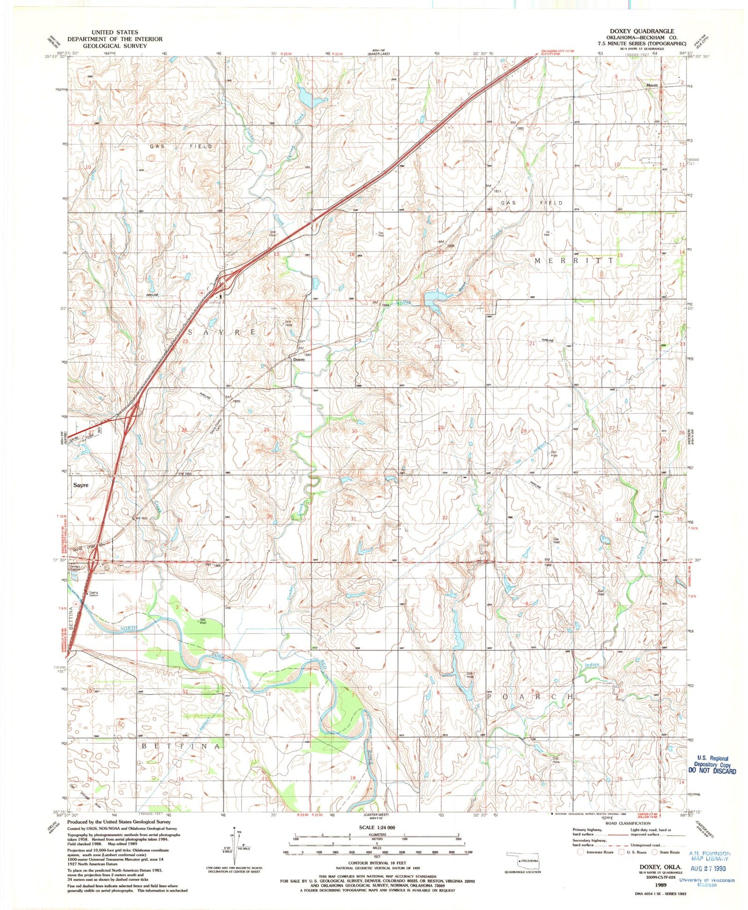 Classic USGS Doxey Oklahoma 7.5'x7.5' Topo Map Image