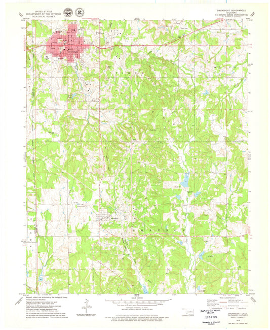 Classic USGS Drumright Oklahoma 7.5'x7.5' Topo Map Image