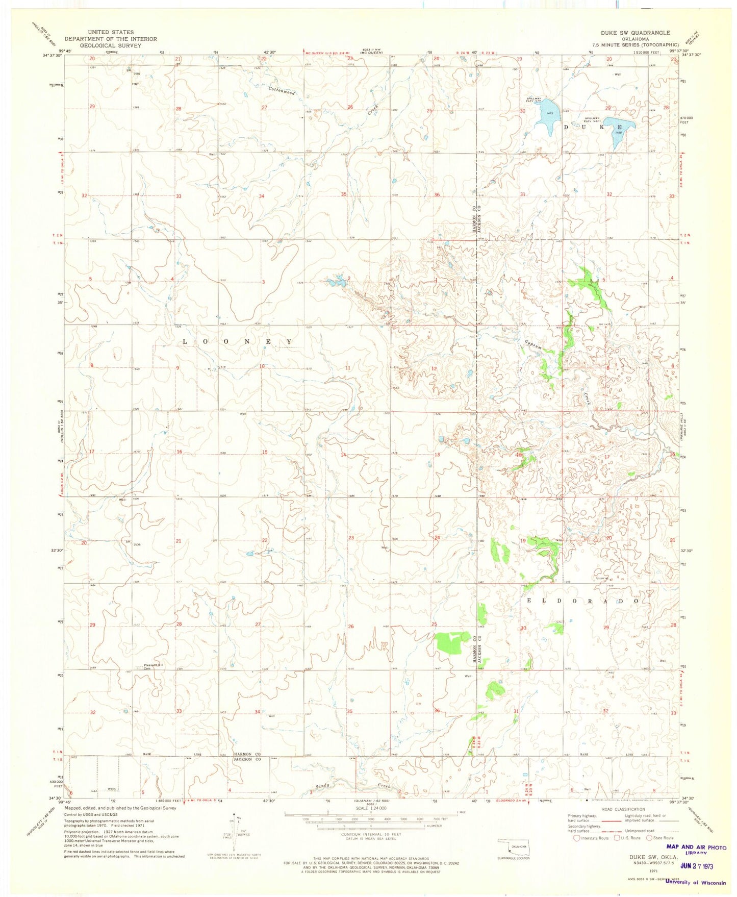 Classic USGS Duke SW Oklahoma 7.5'x7.5' Topo Map Image