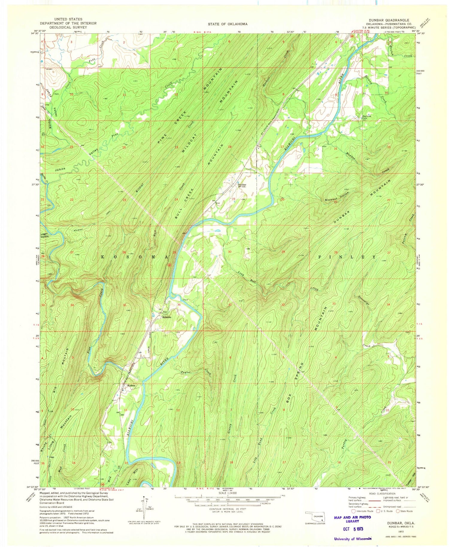 Classic USGS Dunbar Oklahoma 7.5'x7.5' Topo Map Image