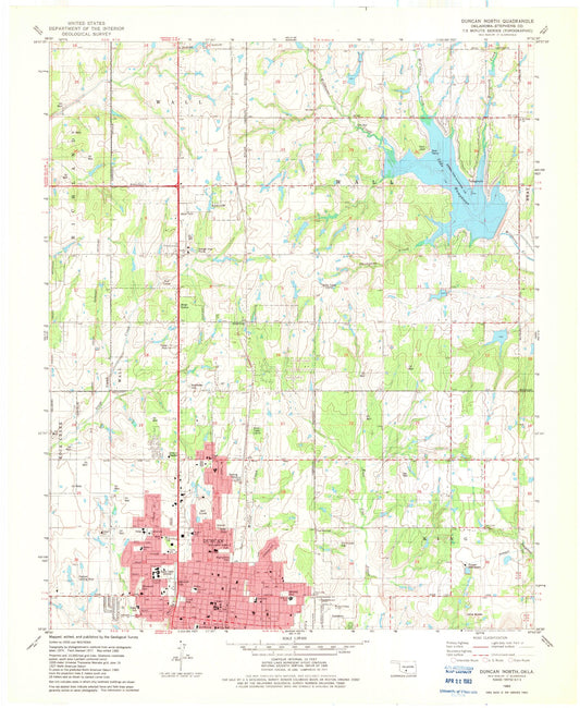 Classic USGS Duncan North Oklahoma 7.5'x7.5' Topo Map Image