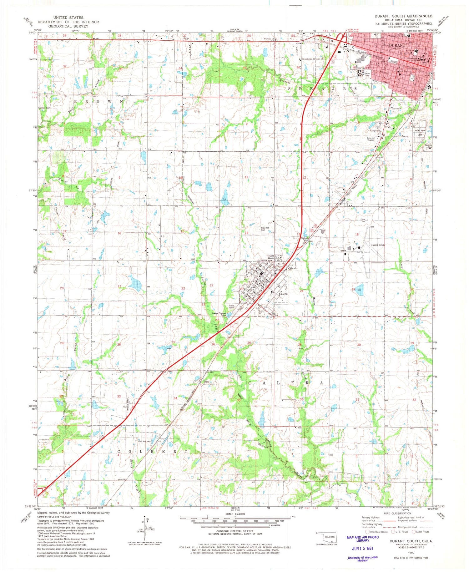 Classic USGS Durant South Oklahoma 7.5'x7.5' Topo Map Image