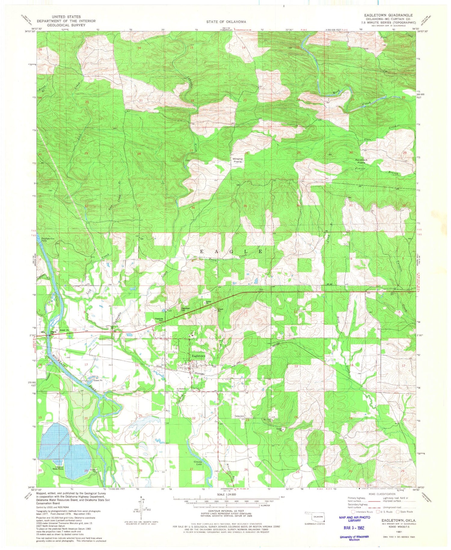 Classic USGS Eagletown Oklahoma 7.5'x7.5' Topo Map Image