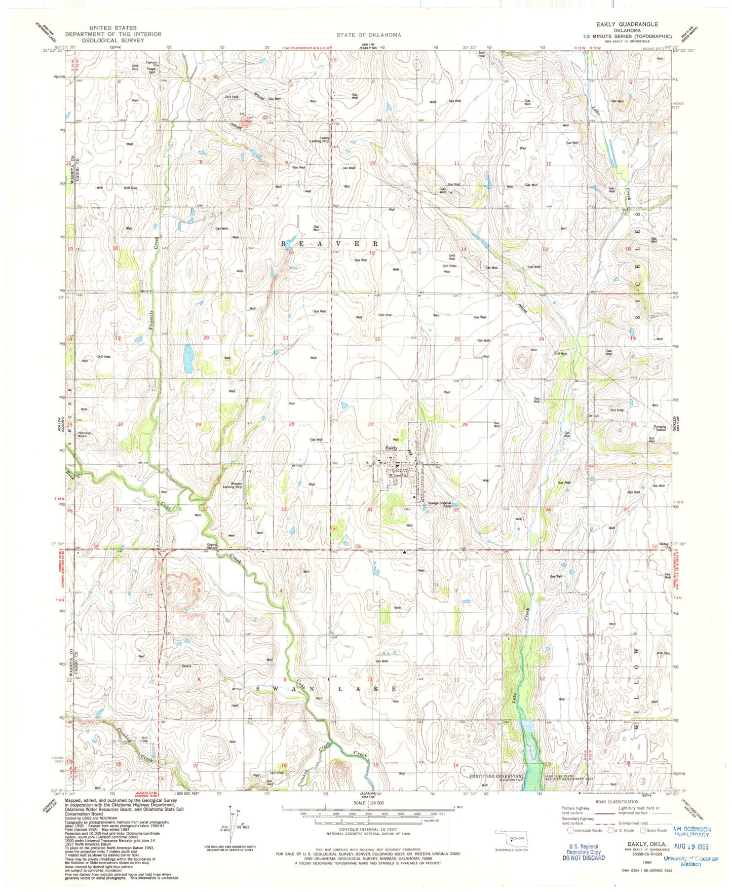 Classic USGS Eakly Oklahoma 7.5'x7.5' Topo Map Image