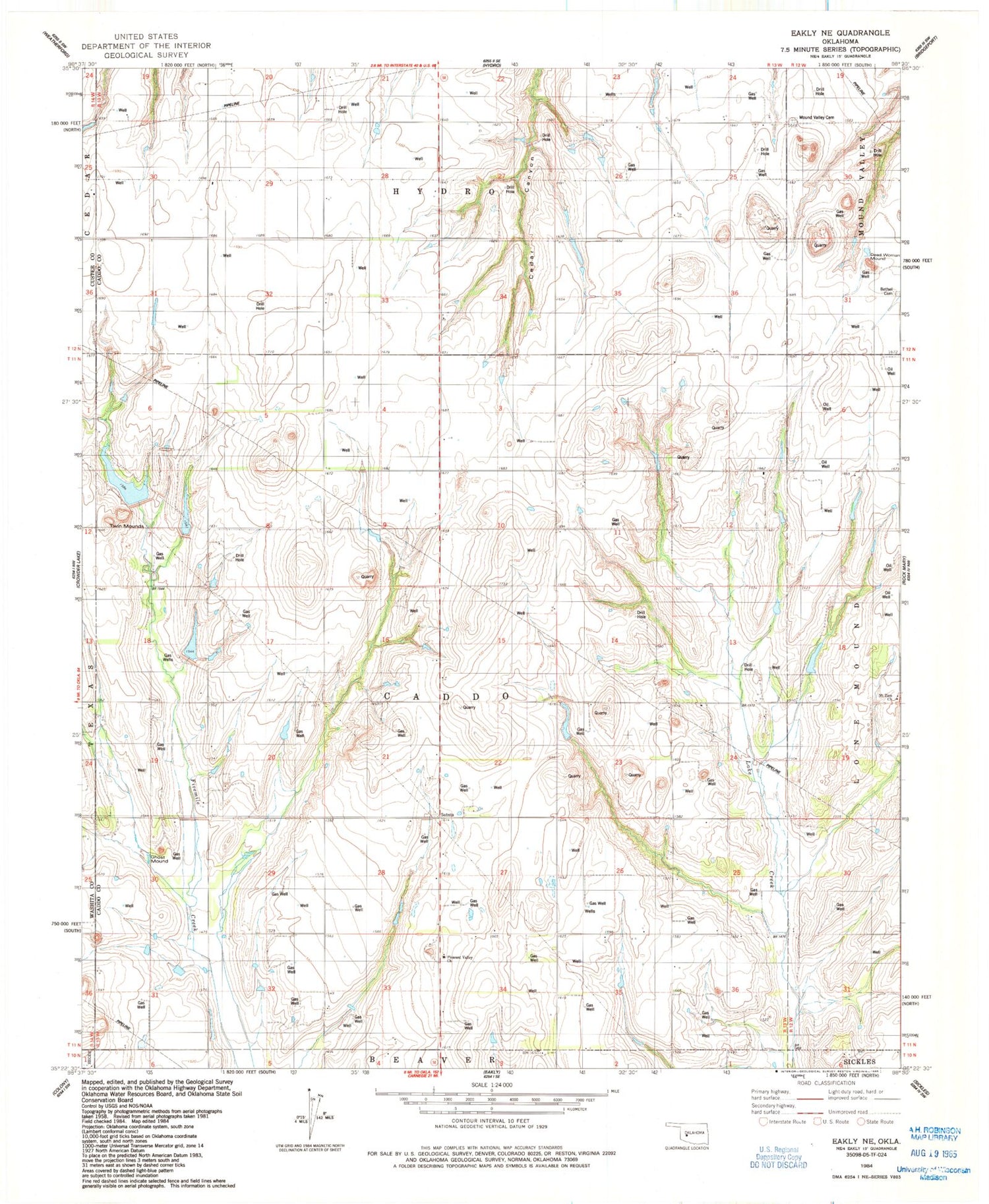 Classic USGS Eakly NE Oklahoma 7.5'x7.5' Topo Map Image
