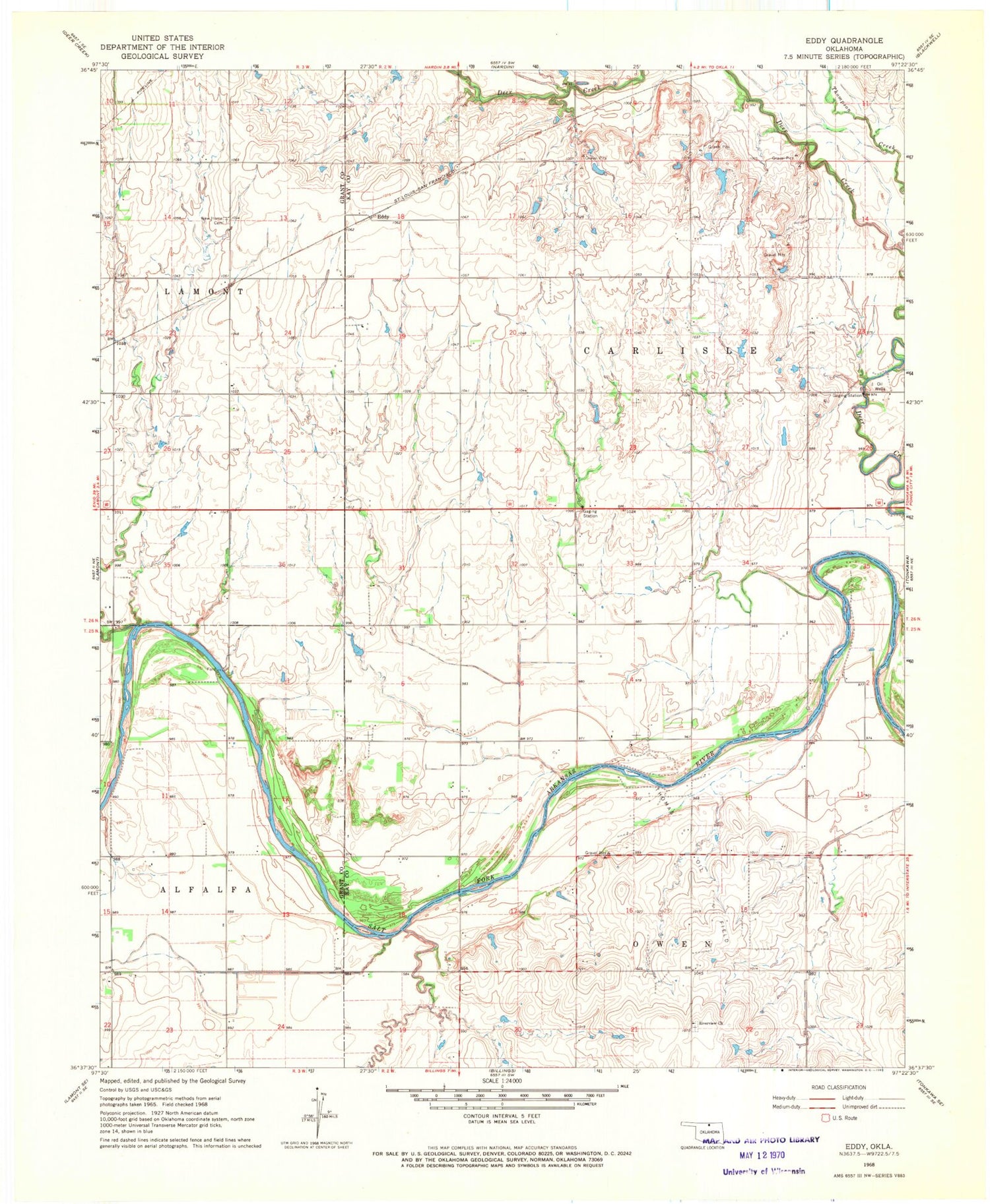 Classic USGS Eddy Oklahoma 7.5'x7.5' Topo Map Image