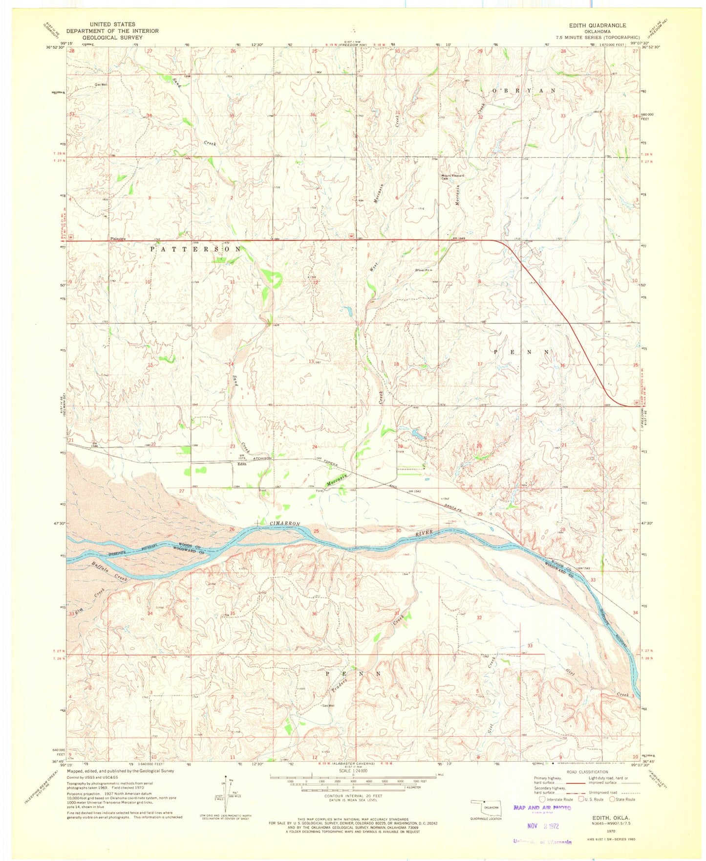Classic USGS Edith Oklahoma 7.5'x7.5' Topo Map Image