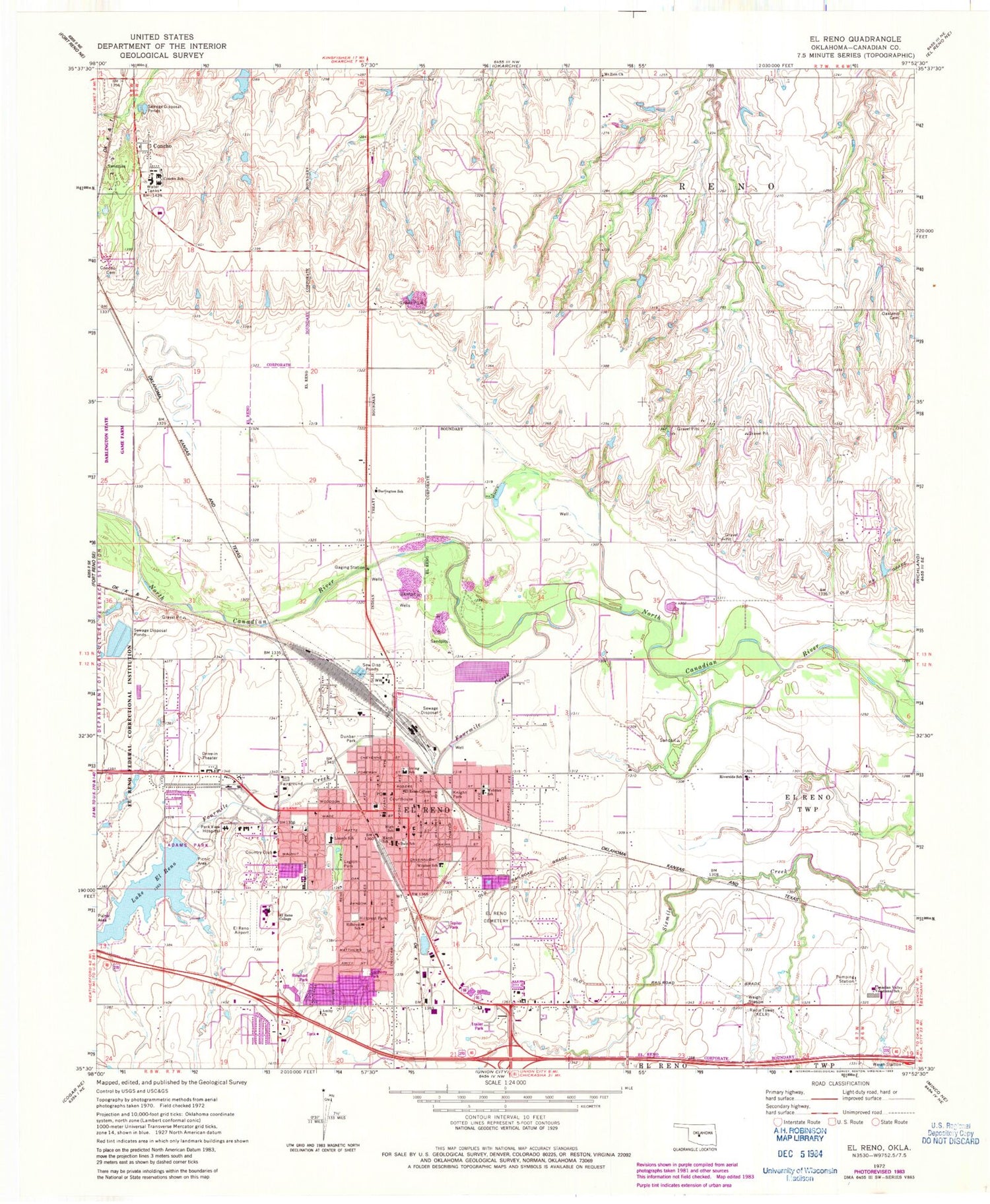 Classic USGS El Reno Oklahoma 7.5'x7.5' Topo Map Image