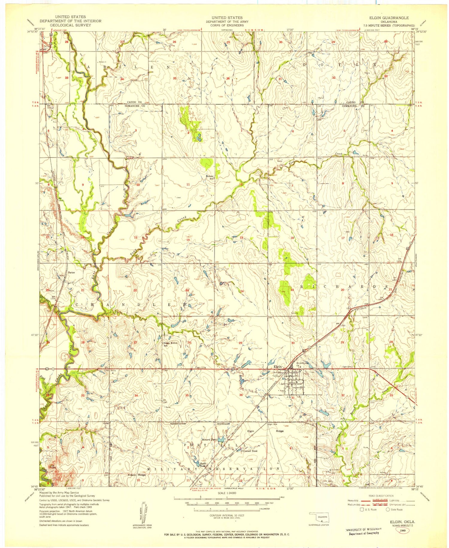 Classic USGS Elgin Oklahoma 7.5'x7.5' Topo Map Image