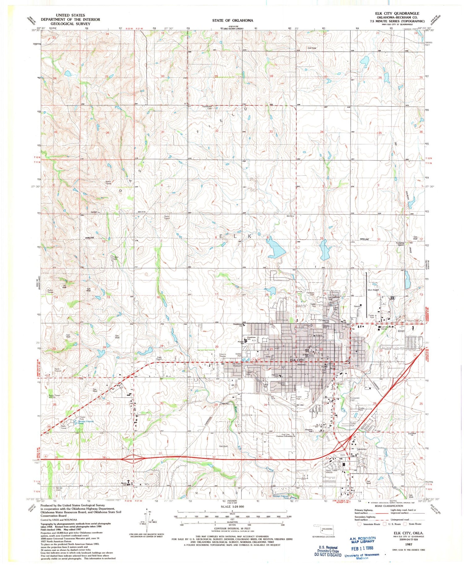 Classic USGS Elk City Oklahoma 7.5'x7.5' Topo Map Image