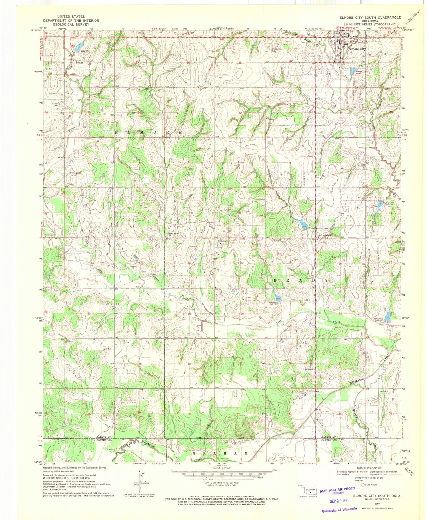 Classic USGS Elmore City South Oklahoma 7.5'x7.5' Topo Map Image