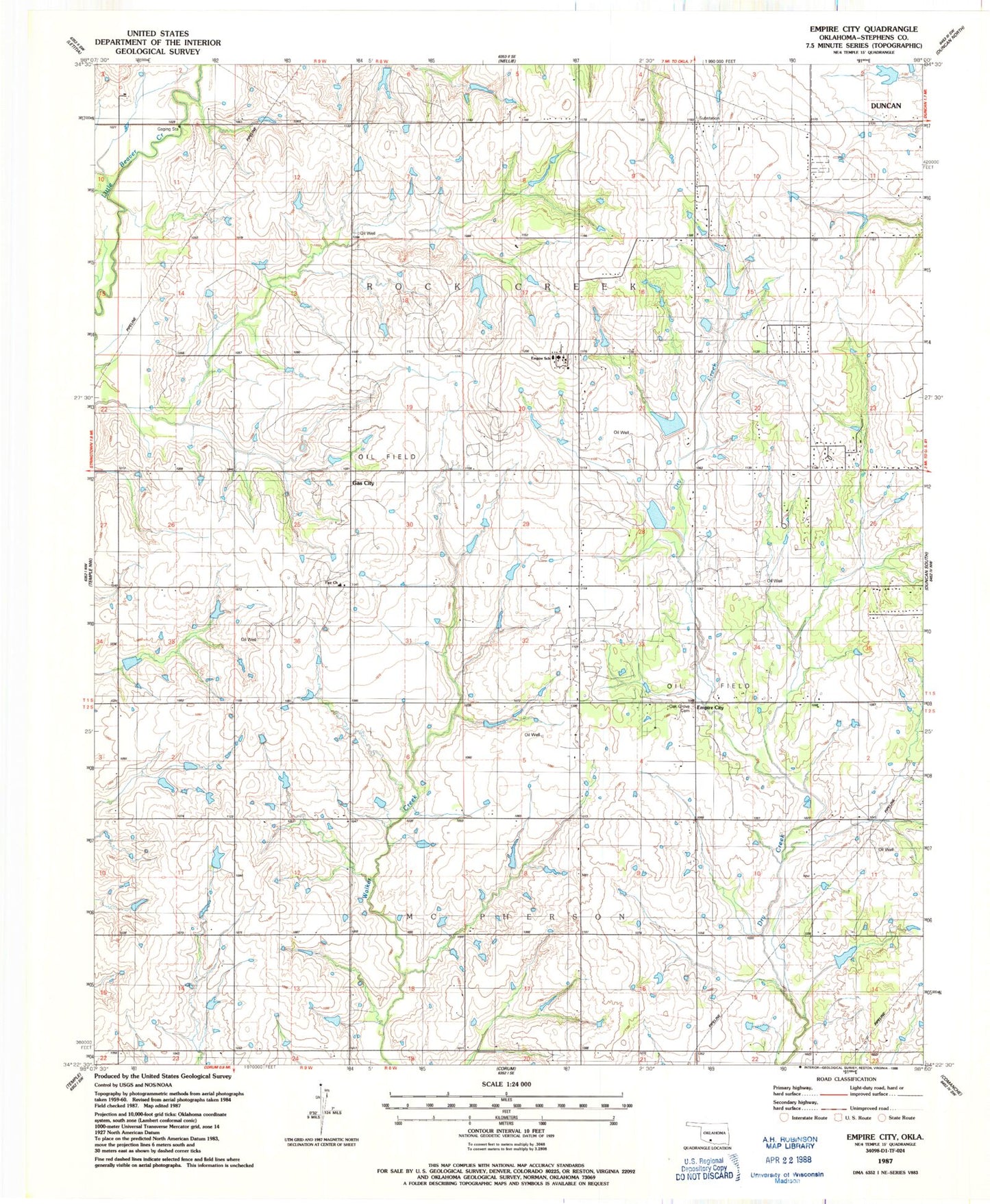Classic USGS Empire City Oklahoma 7.5'x7.5' Topo Map Image
