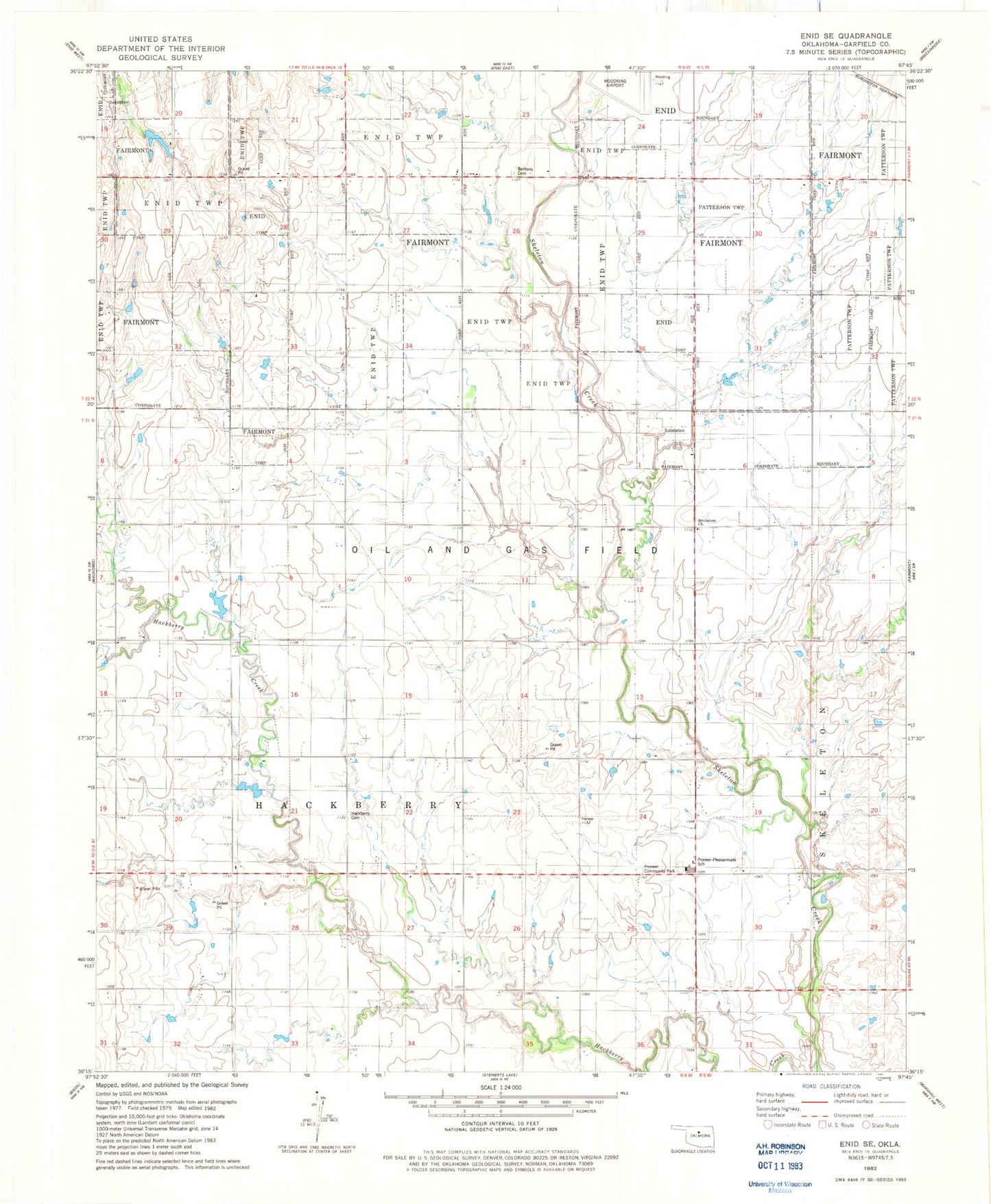 Classic USGS Enid SE Oklahoma 7.5'x7.5' Topo Map Image