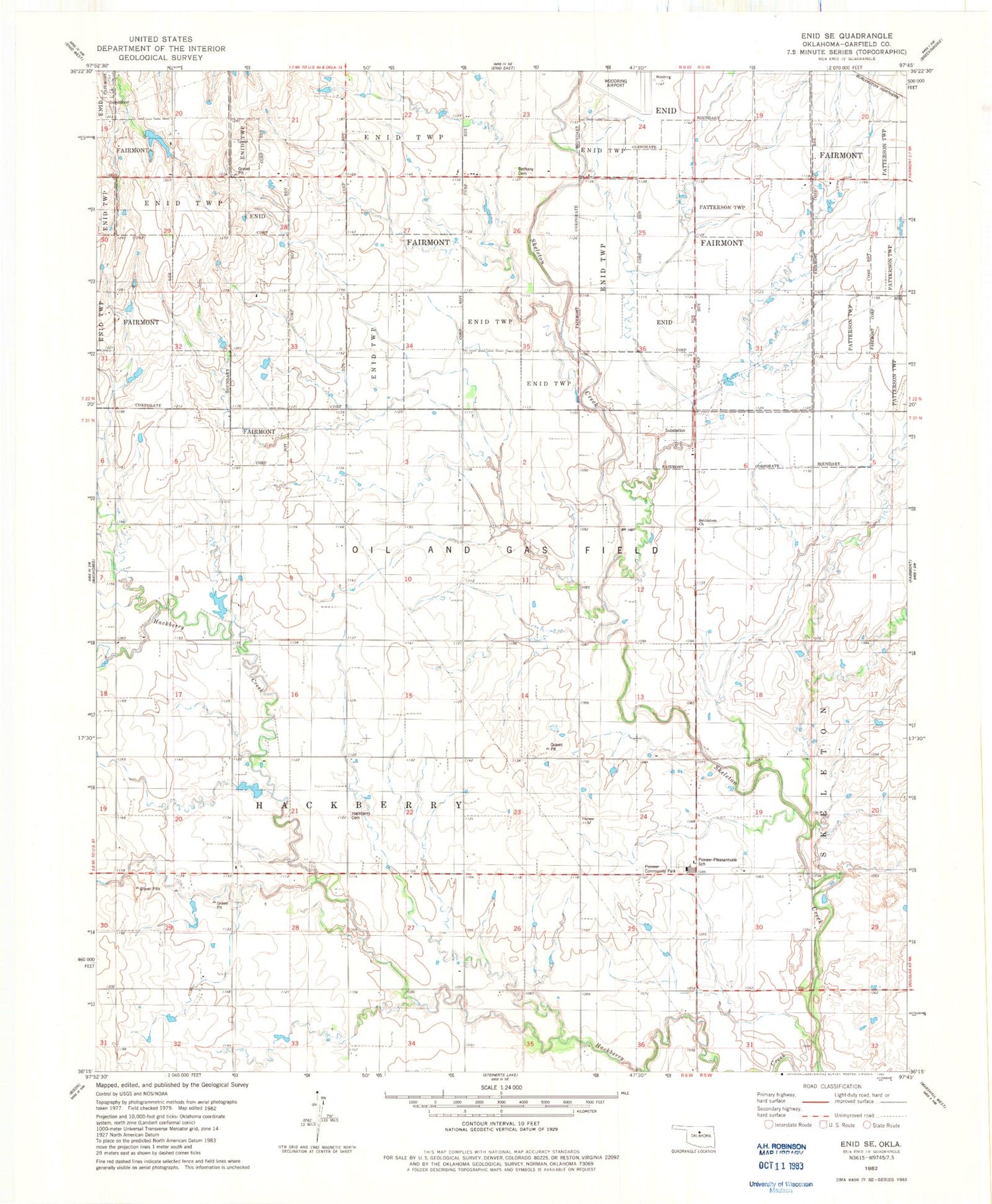 Classic USGS Enid SE Oklahoma 7.5'x7.5' Topo Map Image