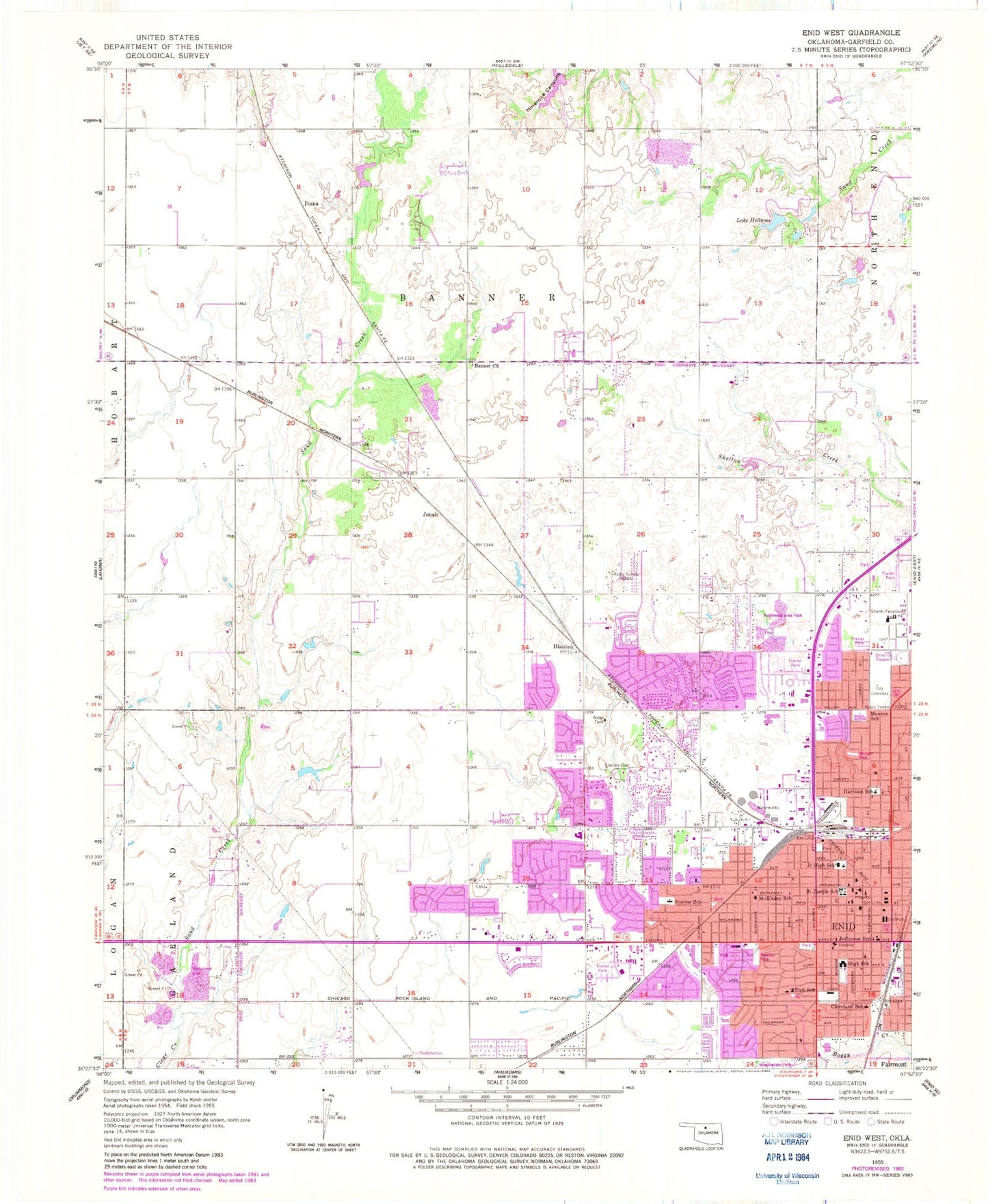 Classic USGS Enid West Oklahoma 7.5'x7.5' Topo Map Image