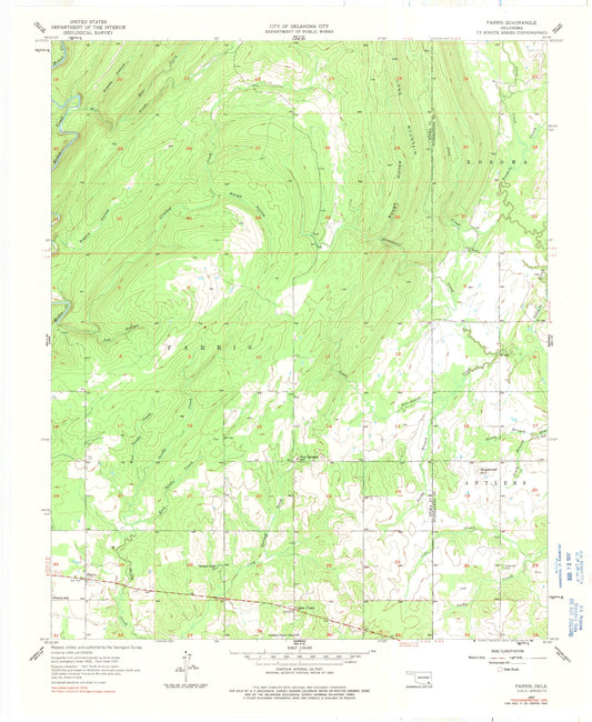 Classic USGS Farris Oklahoma 7.5'x7.5' Topo Map Image