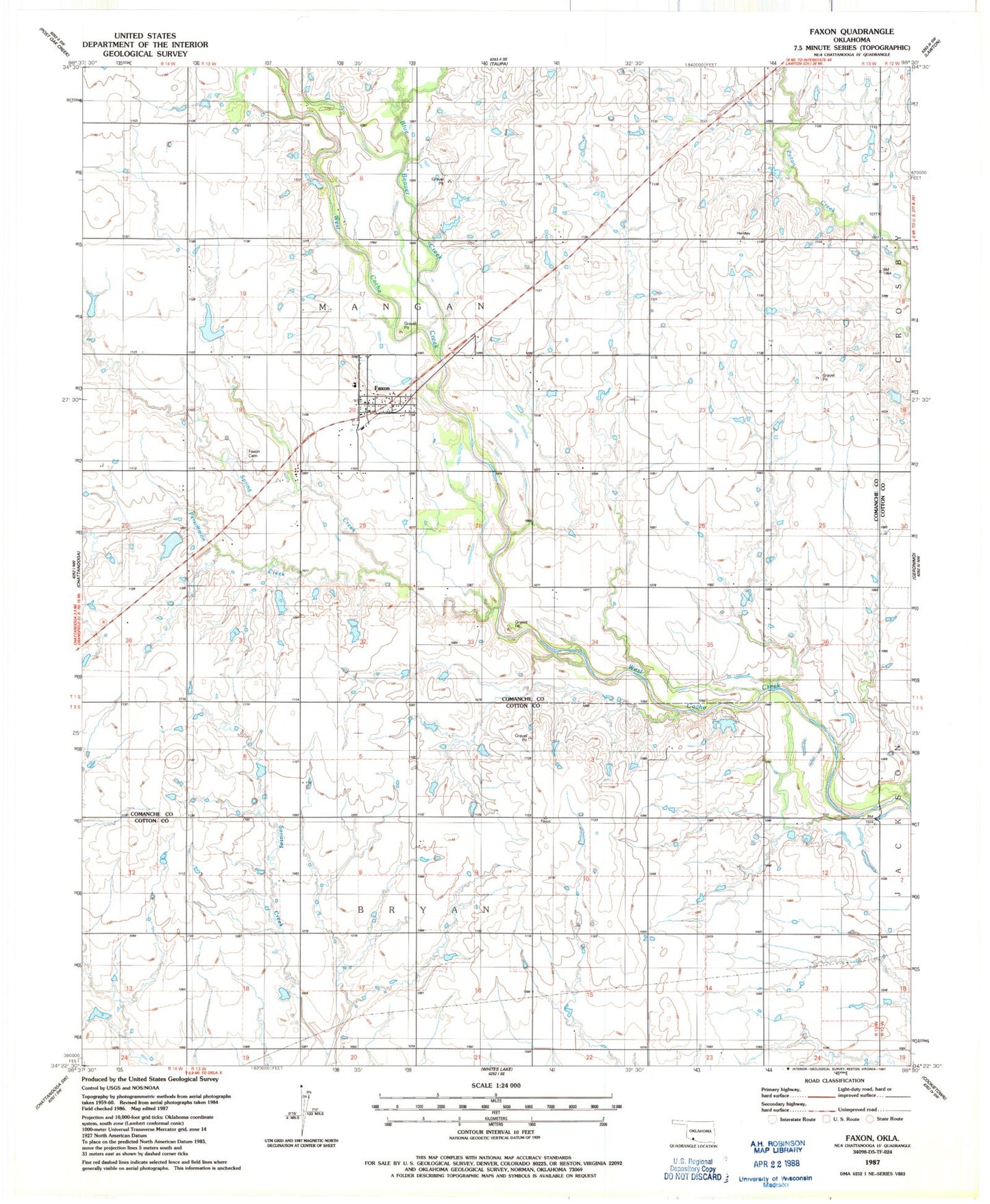 Classic USGS Faxon Oklahoma 7.5'x7.5' Topo Map Image
