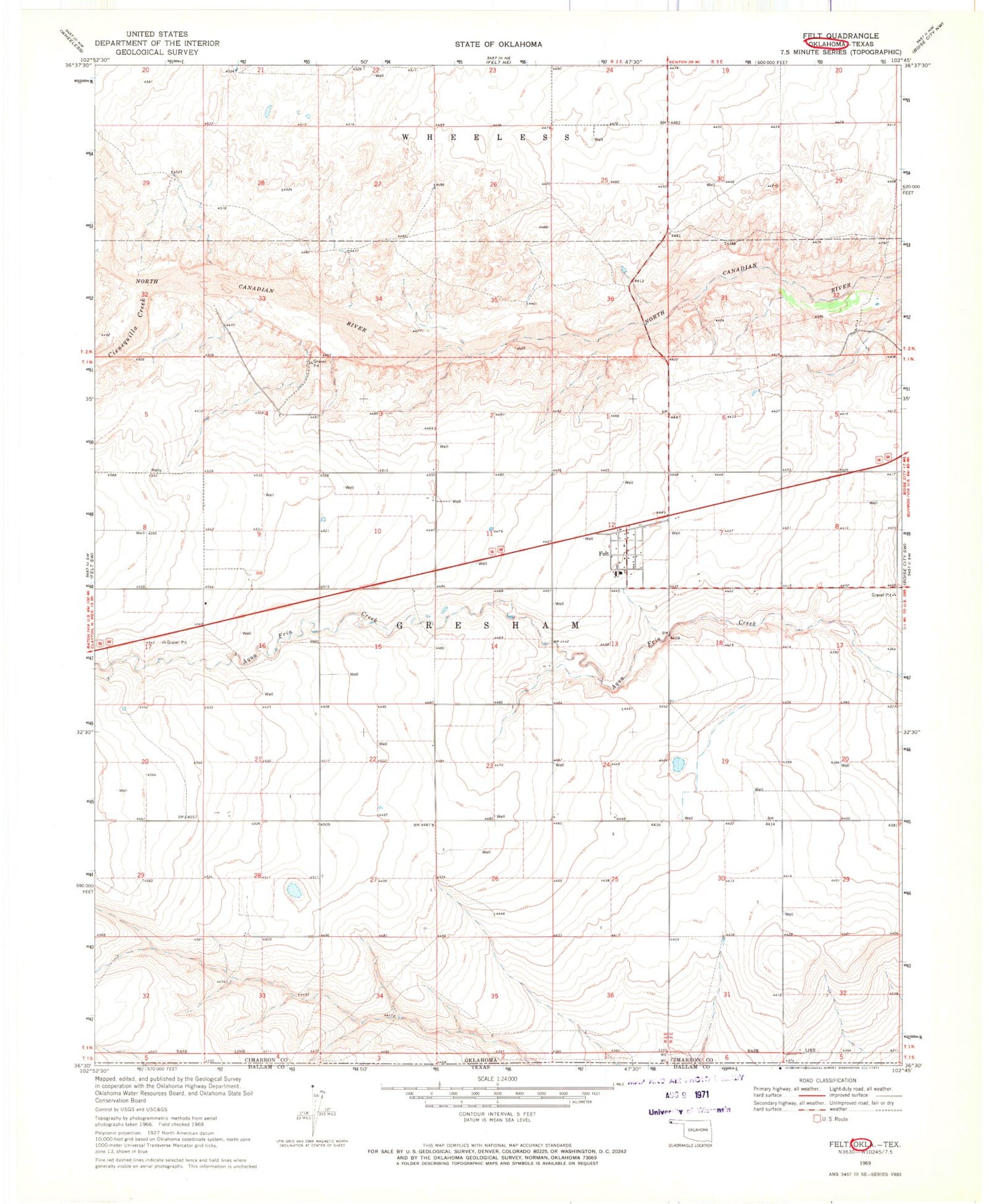Classic USGS Felt Oklahoma 7.5'x7.5' Topo Map Image