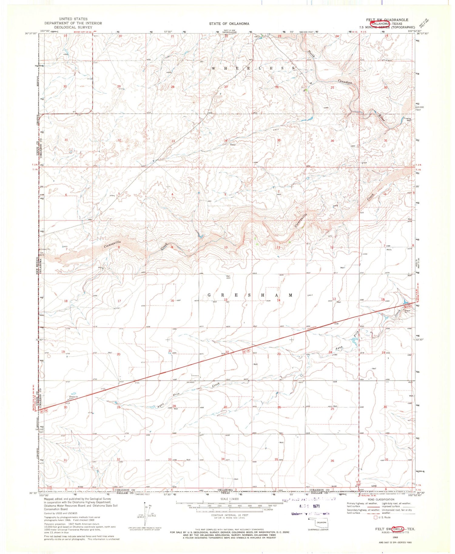 Classic USGS Felt SW Oklahoma 7.5'x7.5' Topo Map Image