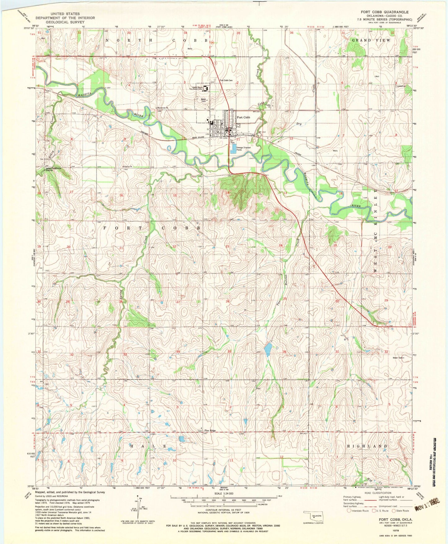 Classic USGS Fort Cobb Oklahoma 7.5'x7.5' Topo Map Image