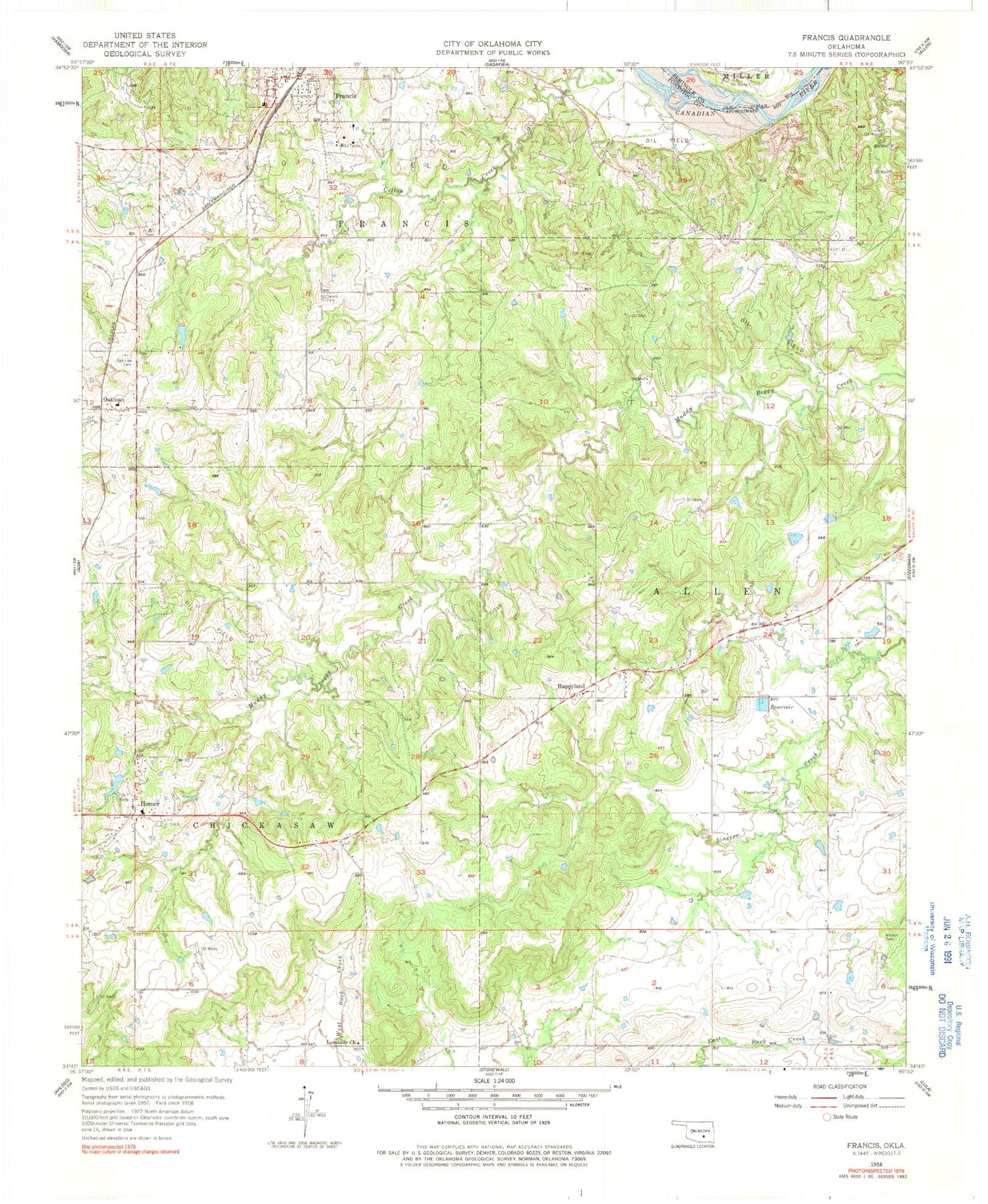 Classic USGS Francis Oklahoma 7.5'x7.5' Topo Map Image