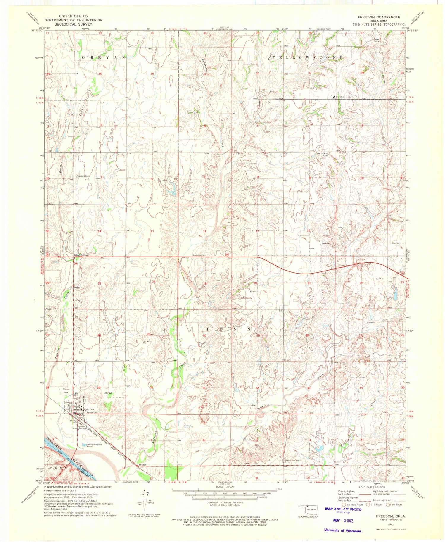 Classic USGS Freedom Oklahoma 7.5'x7.5' Topo Map Image